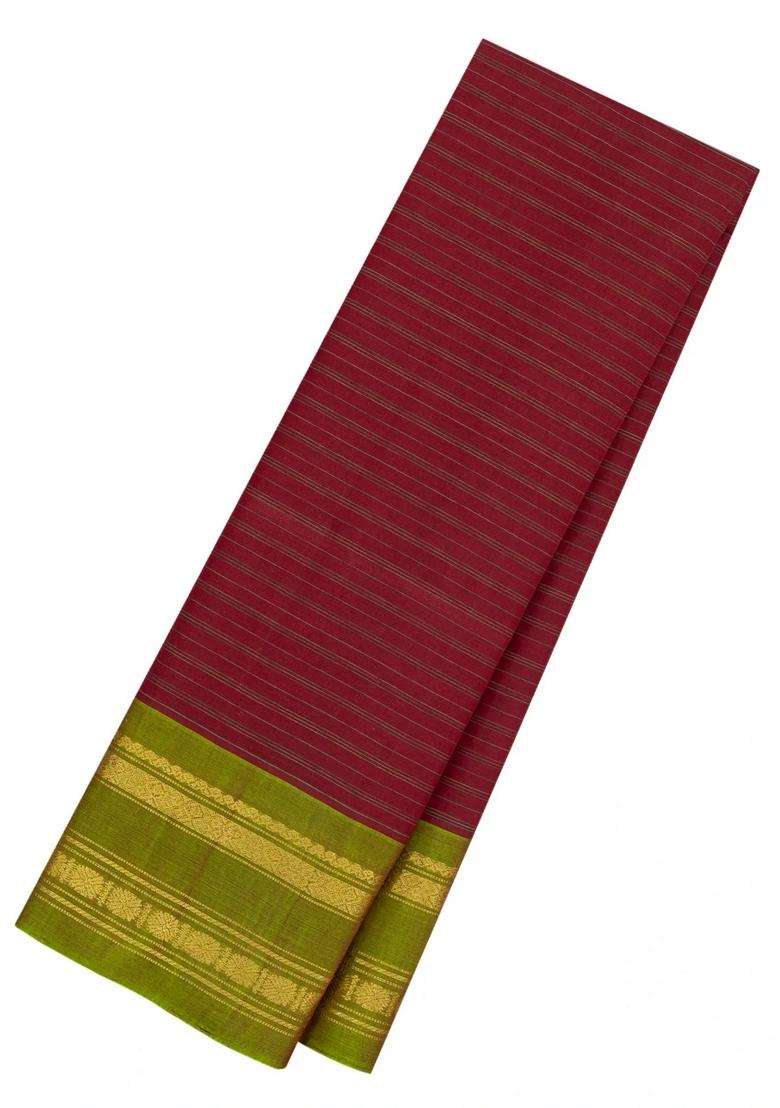 Crimson Handloom Gadwal Silk Cotton Saree With Stripes With Checks And Stripes Design For Women - Indya