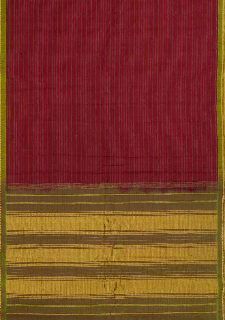 Crimson Handloom Gadwal Silk Cotton Saree With Stripes With Checks And Stripes Design For Women - Indya