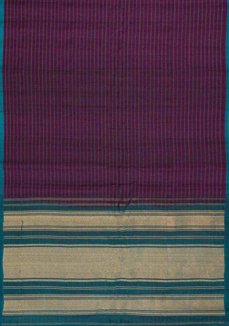 Magenta Handloom Gadwal Silk Cotton Saree With Stripes With Checks And Stripes Design For Women - Indya