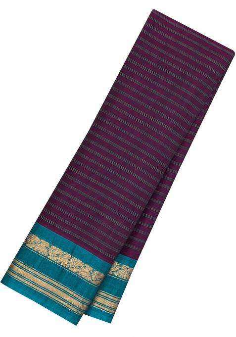 Magenta Handloom Gadwal Silk Cotton Saree With Stripes With Checks And Stripes Design For Women