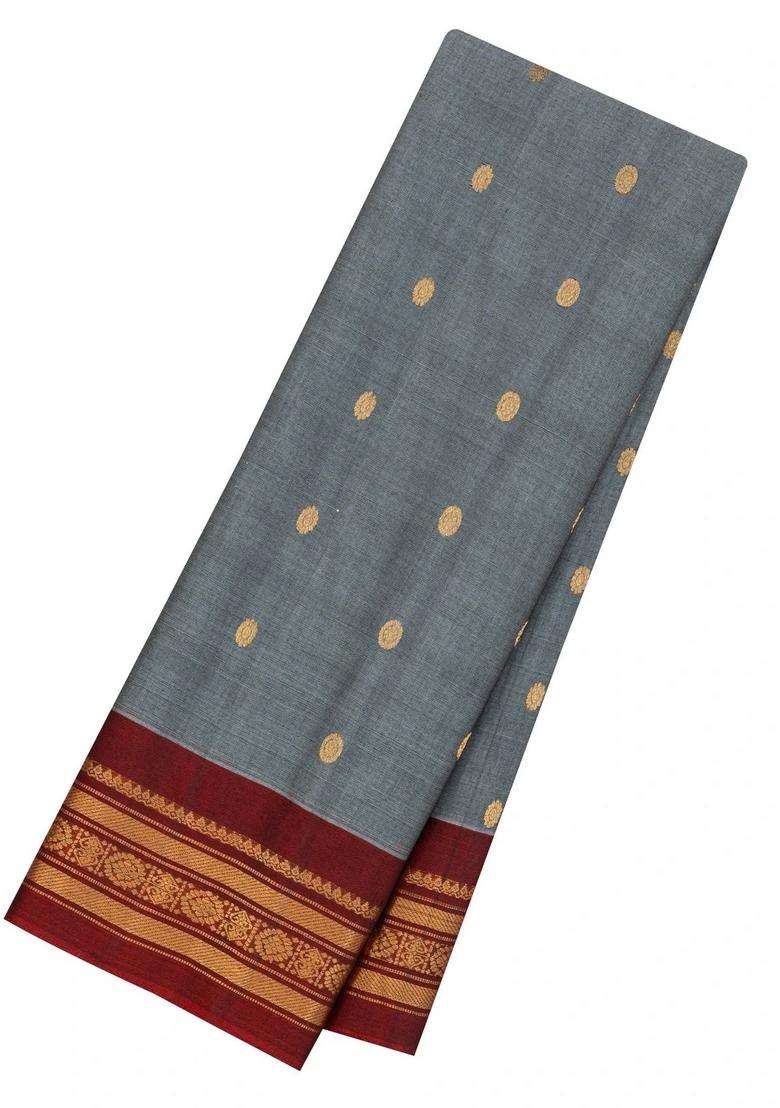 Grey Handloom Gadwal Silk Cotton Saree With Buttas With Buttas And Brocade Design For Women - Indya
