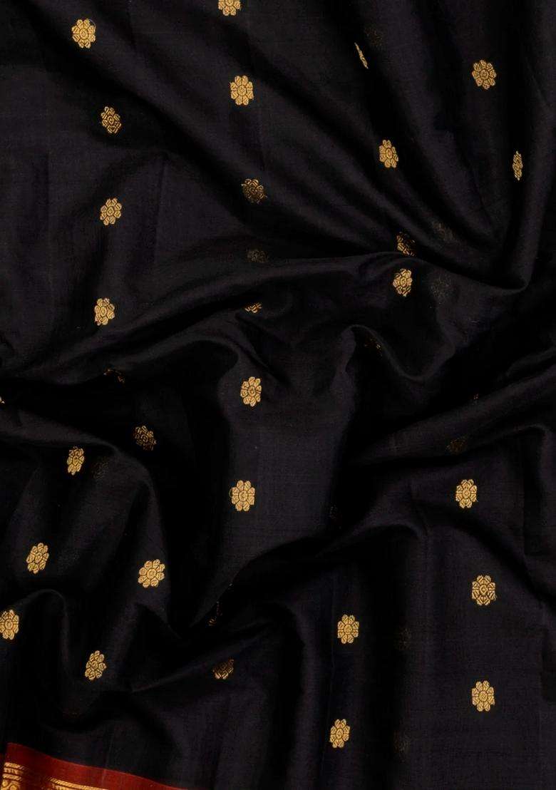 Black Handloom Gadwal Silk Cotton Saree With Buttas With Buttas And Brocade Design For Women - Indya