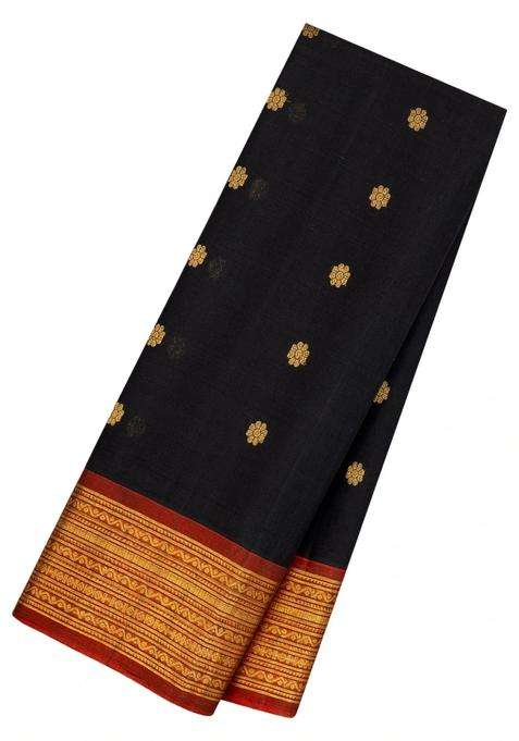 Black Handloom Gadwal Silk Cotton Saree With Buttas With Buttas And Brocade Design For Women