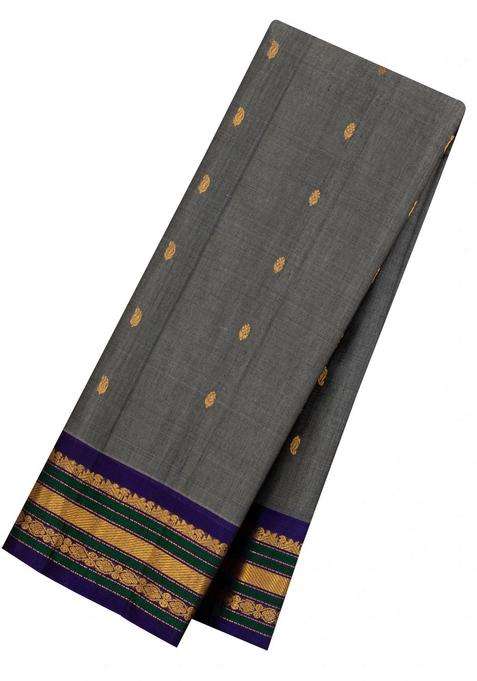 Dark Grey Handloom Gadwal Silk Cotton Saree With Buttas With Buttas And Brocade Design For Women