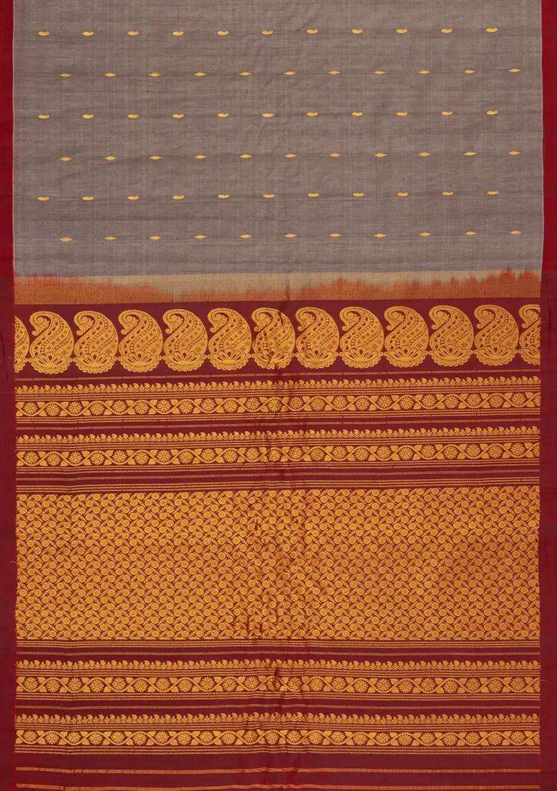 Grey Handloom Gadwal Silk Cotton Saree With Buttas With Buttas And Brocade Design For Women - Indya