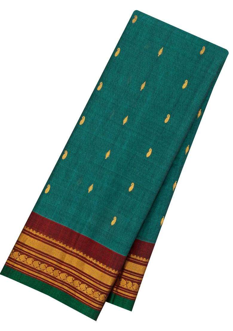 Sea Green Handloom Gadwal Silk Cotton Saree With Buttas With Buttas And Brocade Design For Women - Indya