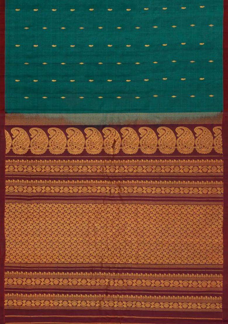 Sea Green Handloom Gadwal Silk Cotton Saree With Buttas With Buttas And Brocade Design For Women - Indya