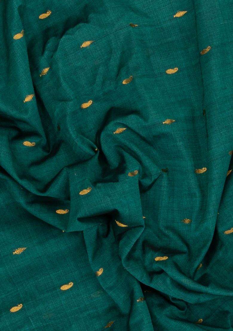 Sea Green Handloom Gadwal Silk Cotton Saree With Buttas With Buttas And Brocade Design For Women - Indya