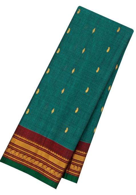 Sea Green Handloom Gadwal Silk Cotton Saree With Buttas With Buttas And Brocade Design For Women