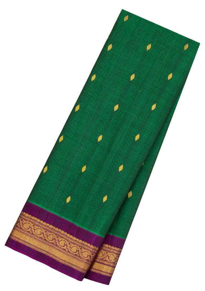 Green Handloom Gadwal Silk Cotton Saree With Buttas With Buttas And Brocade Design For Women - Indya