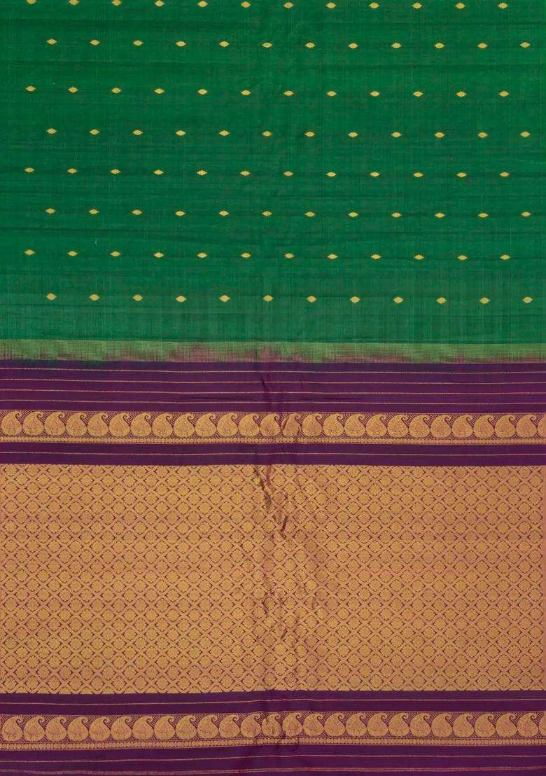 Green Handloom Gadwal Silk Cotton Saree With Buttas With Buttas And Brocade Design For Women - Indya