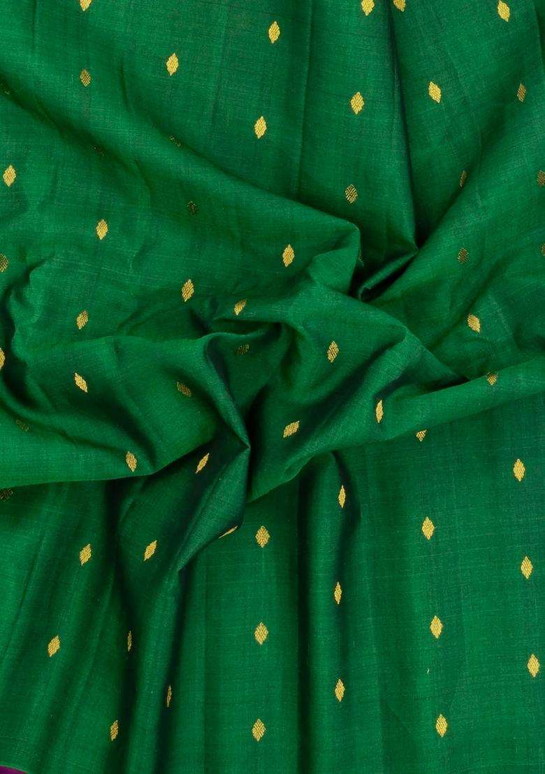 Green Handloom Gadwal Silk Cotton Saree With Buttas With Buttas And Brocade Design For Women - Indya
