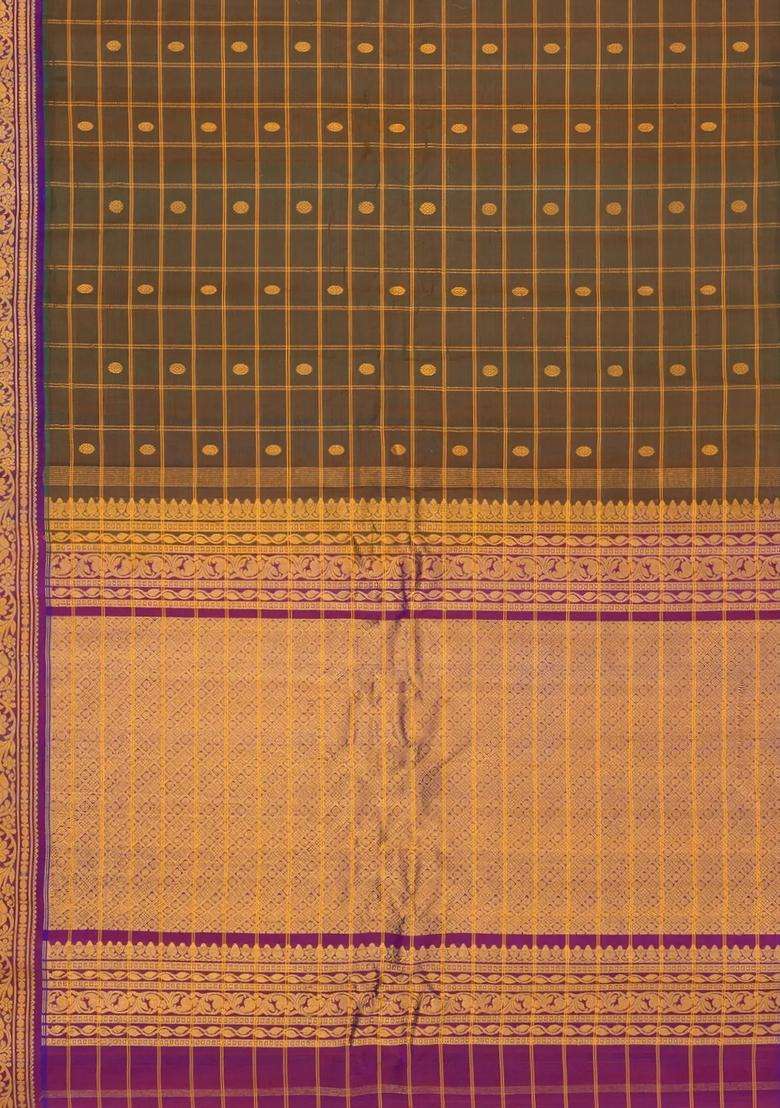 Dark Olive Handloom Gadwal Silk Cotton Saree With Zari Checks Buttas With Buttas And Brocade Design For Women - Indya