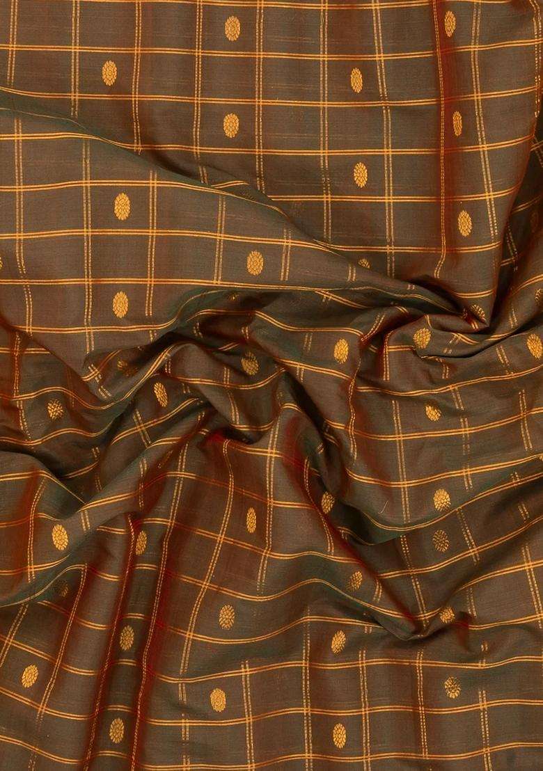 Dark Olive Handloom Gadwal Silk Cotton Saree With Zari Checks Buttas With Buttas And Brocade Design For Women - Indya