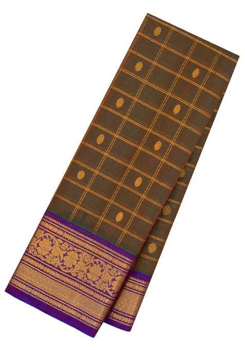 Dark Olive Handloom Gadwal Silk Cotton Saree With Zari Checks Buttas With Buttas And Brocade Design For Women