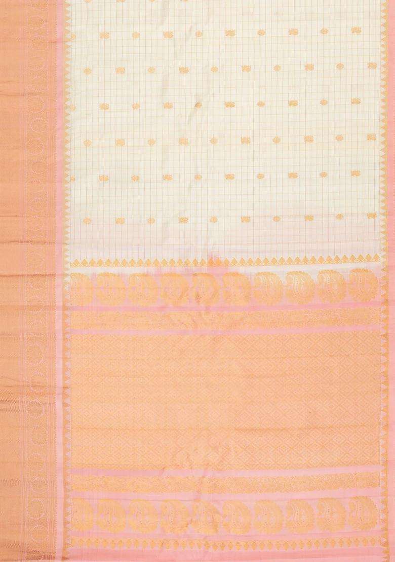 Cream Handloom Gadwal Silk Saree With Zari Checks Buttas With Buttas And Brocade Design For Women - Indya