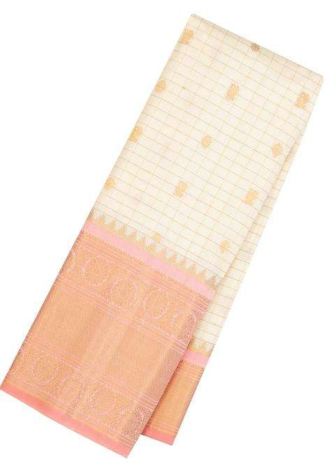 Cream Handloom Gadwal Silk Saree With Zari Checks Buttas With Buttas And Brocade Design For Women
