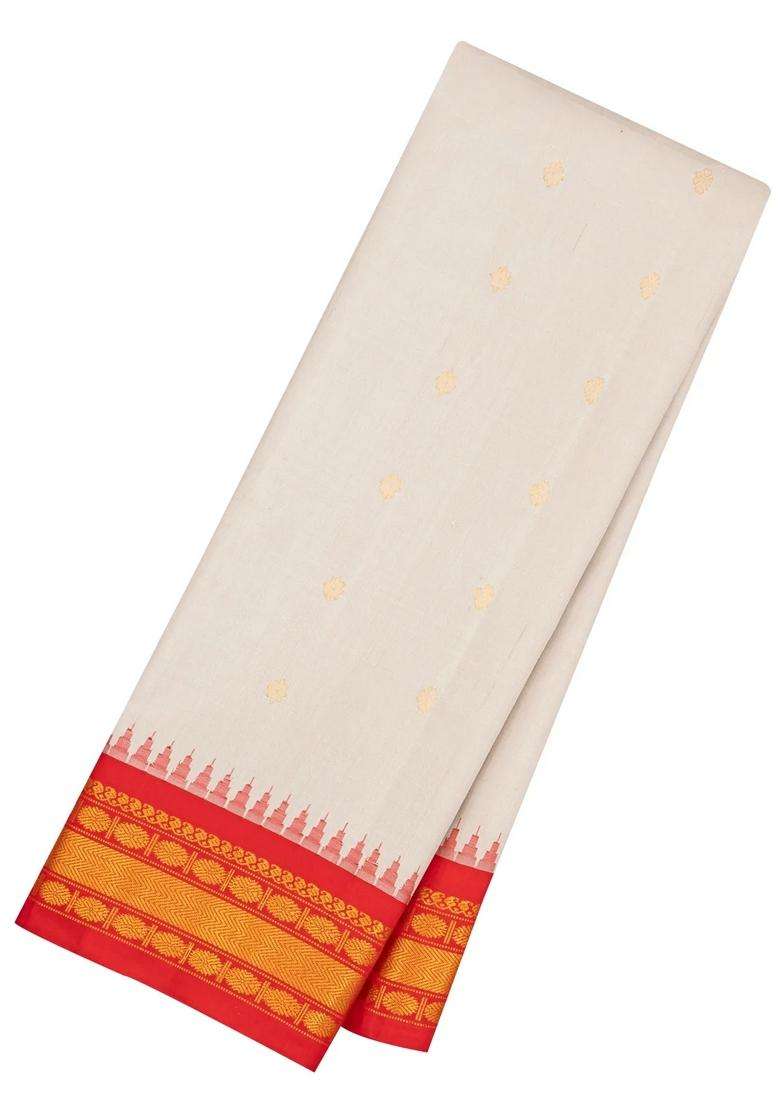 Cream Handloom Gadwal Silk Saree With Buttas Contrast Temple Border With Korvai And Temple Border Design For Women - Indya