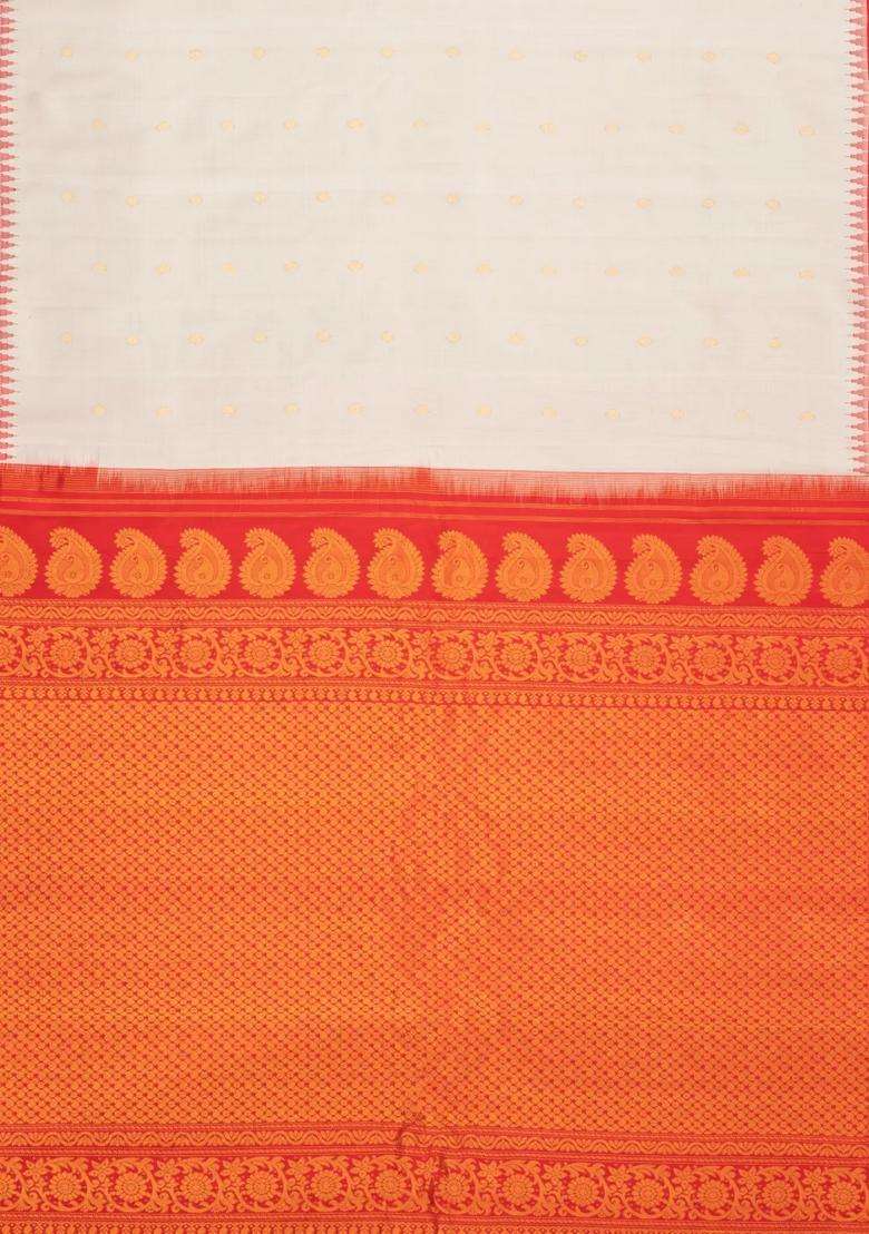 Cream Handloom Gadwal Silk Saree With Buttas Contrast Temple Border With Korvai And Temple Border Design For Women - Indya