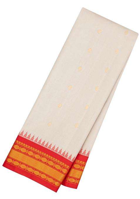 Cream Handloom Gadwal Silk Saree With Buttas Contrast Temple Border With Korvai And Temple Border Design For Women
