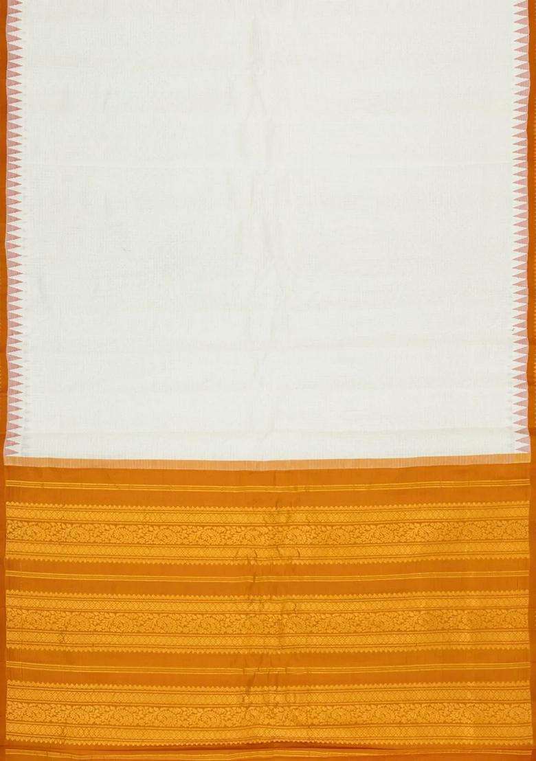 Cream Handloom Gadwal Cotton Saree With Checks Contrast Temple Border With Korvai And Temple Border Design For Women - Indya