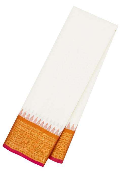 Cream Handloom Gadwal Cotton Saree With Checks Contrast Temple Border With Korvai And Temple Border Design For Women