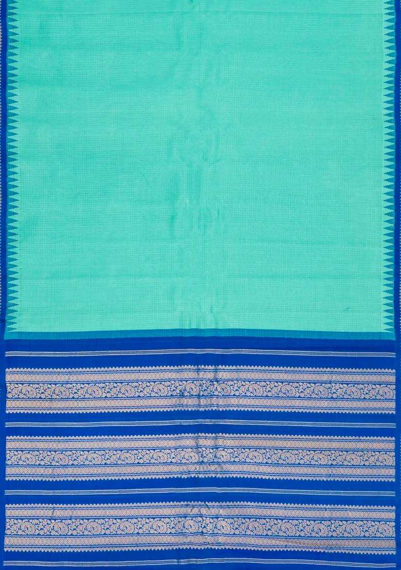 Turquoise Handloom Gadwal Cotton Saree With Checks Contrast Temple Border With Korvai And Temple Border Design For Women - Indya