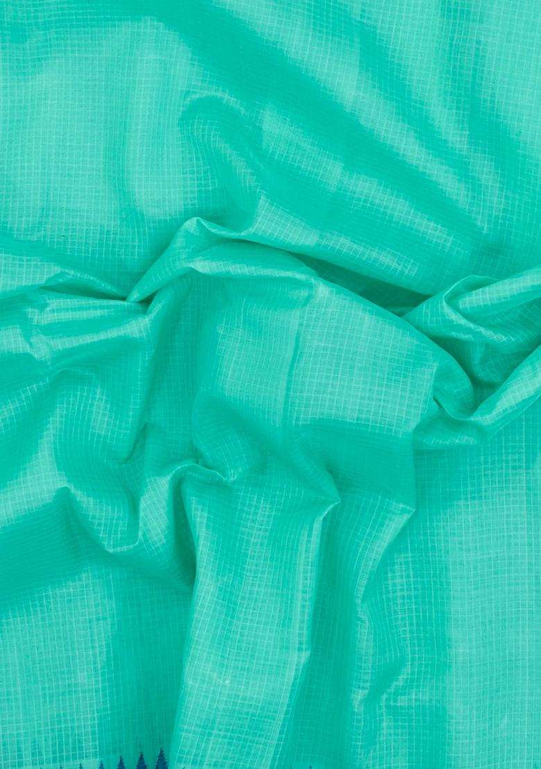Turquoise Handloom Gadwal Cotton Saree With Checks Contrast Temple Border With Korvai And Temple Border Design For Women - Indya