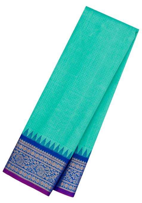 Turquoise Handloom Gadwal Cotton Saree With Checks Contrast Temple Border With Korvai And Temple Border Design For Women