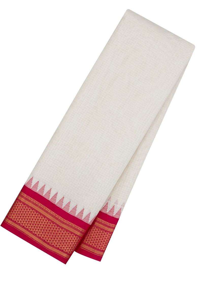 Off White Handloom Gadwal Cotton Saree With Checks Contrast Temple Border With Korvai And Temple Border Design For Women - Indya