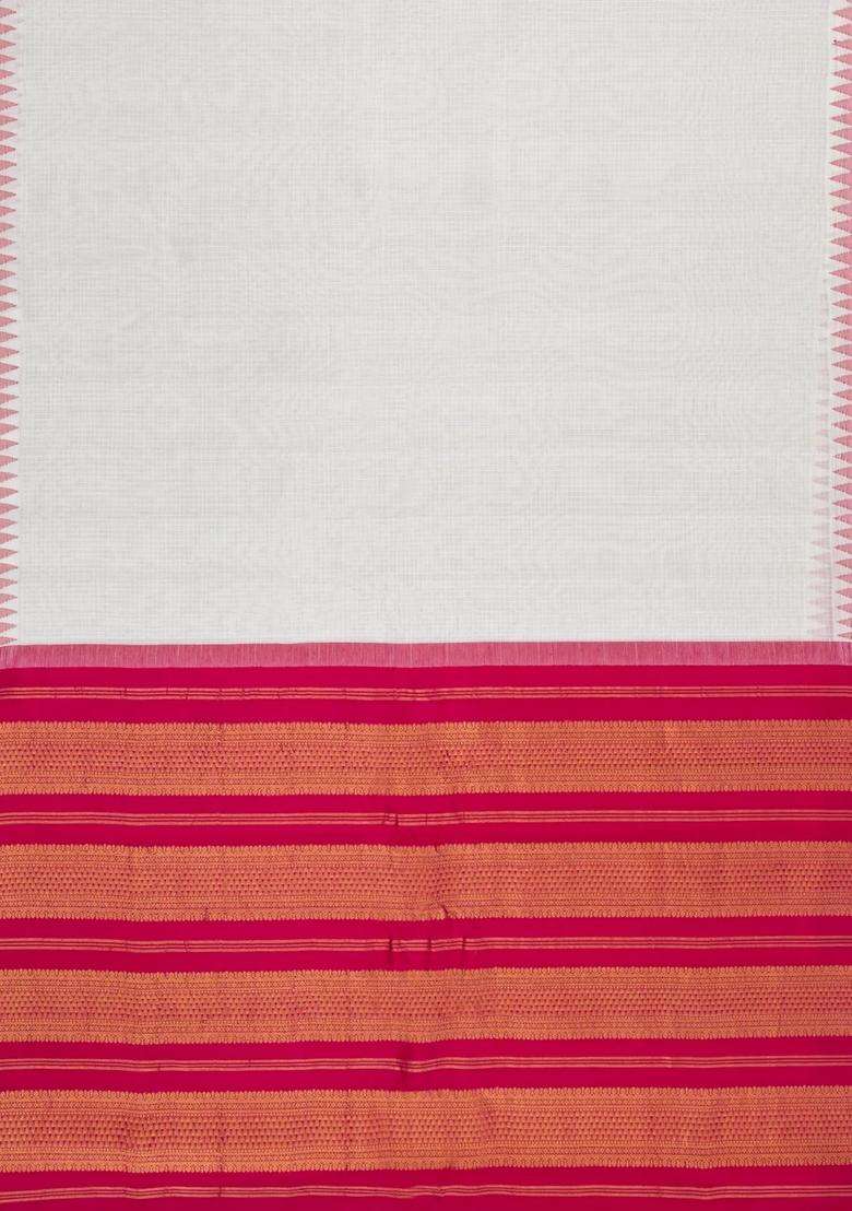 Off White Handloom Gadwal Cotton Saree With Checks Contrast Temple Border With Korvai And Temple Border Design For Women - Indya