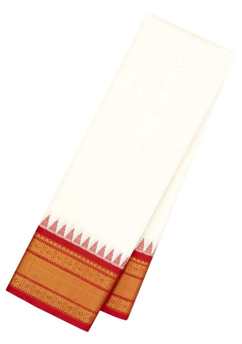 White Handloom Gadwal Cotton Saree With Checks Contrast Temple Border With Korvai And Temple Border Design For Women - Indya