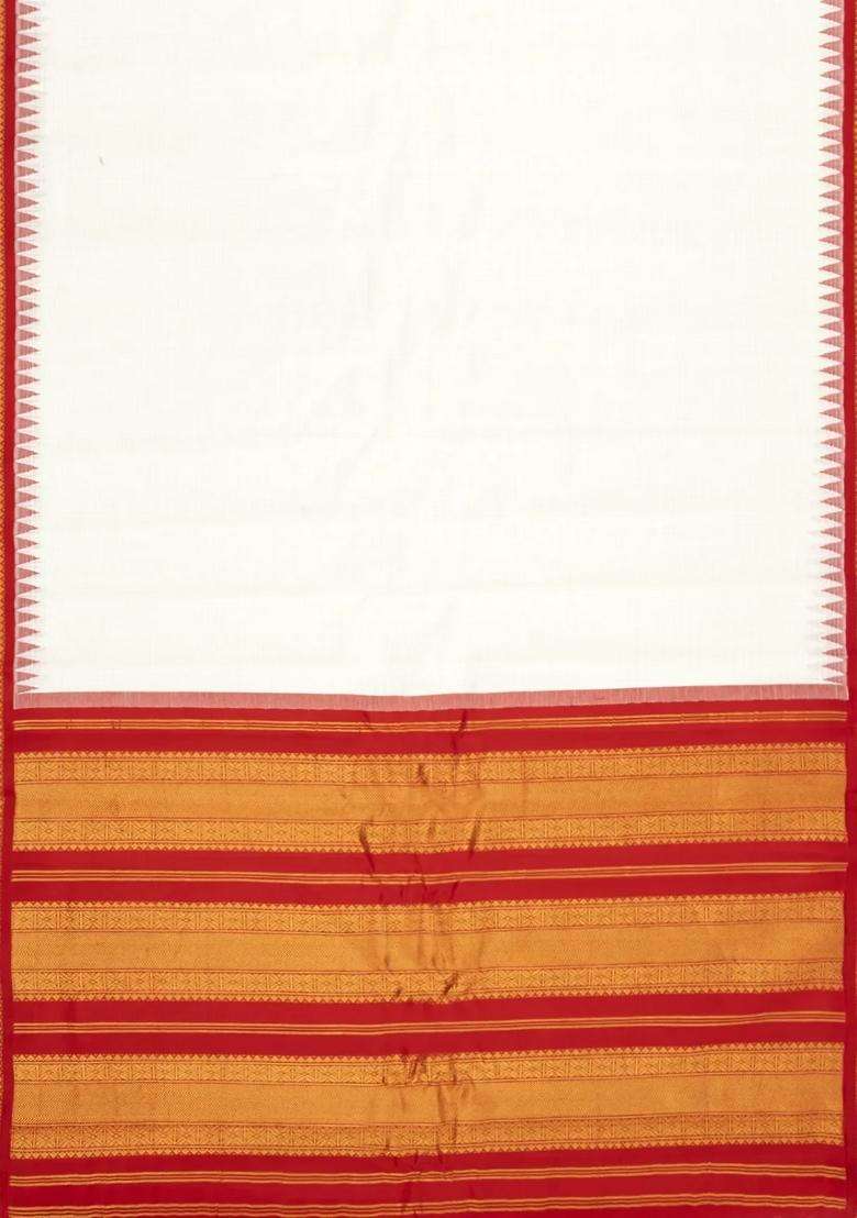 White Handloom Gadwal Cotton Saree With Checks Contrast Temple Border With Korvai And Temple Border Design For Women - Indya