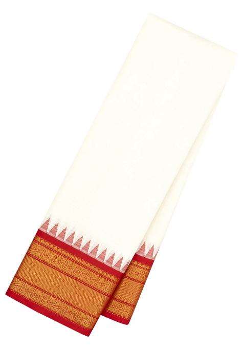 White Handloom Gadwal Cotton Saree With Checks Contrast Temple Border With Korvai And Temple Border Design For Women