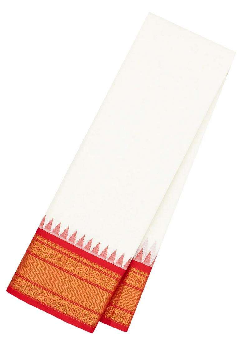White Handloom Gadwal Cotton Saree With Checks Contrast Temple Border With Korvai And Temple Border Design For Women - Indya