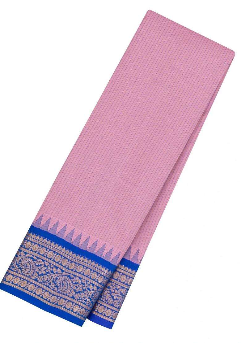 Lavander Lavender Handloom Gadwal Cotton Saree With Stripes Contrast Temple Border With Korvai And Temple Border Design For Women - Indya