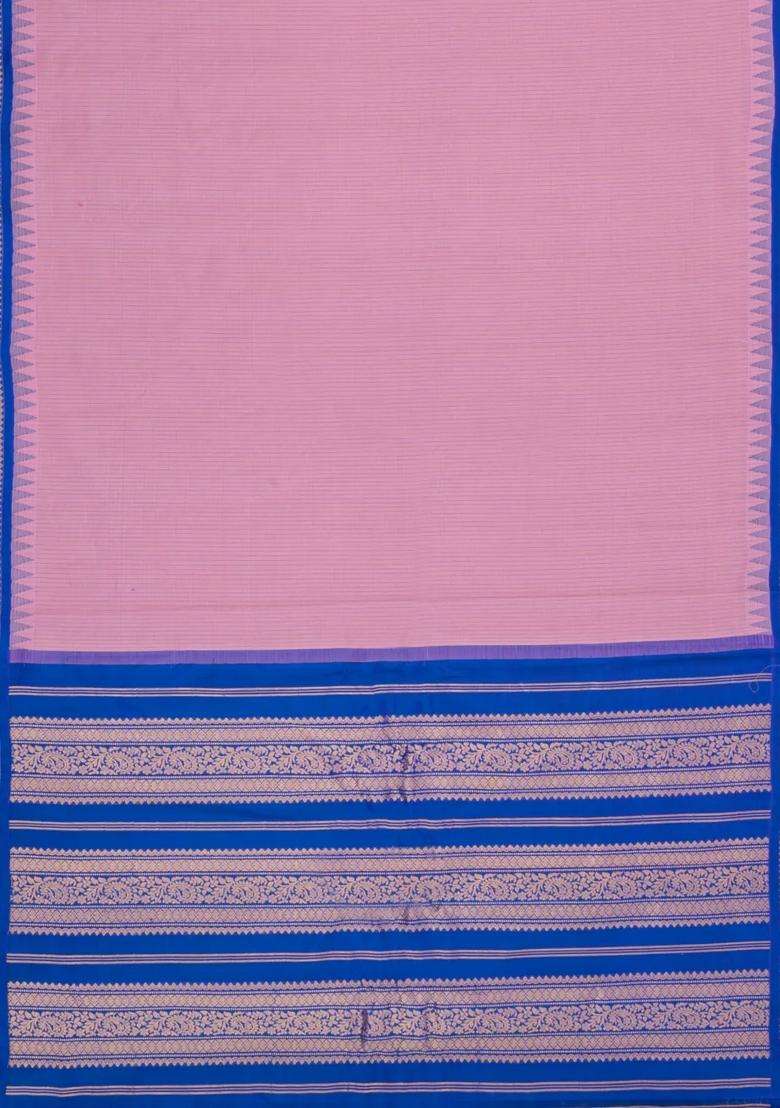 Lavander Lavender Handloom Gadwal Cotton Saree With Stripes Contrast Temple Border With Korvai And Temple Border Design For Women - Indya