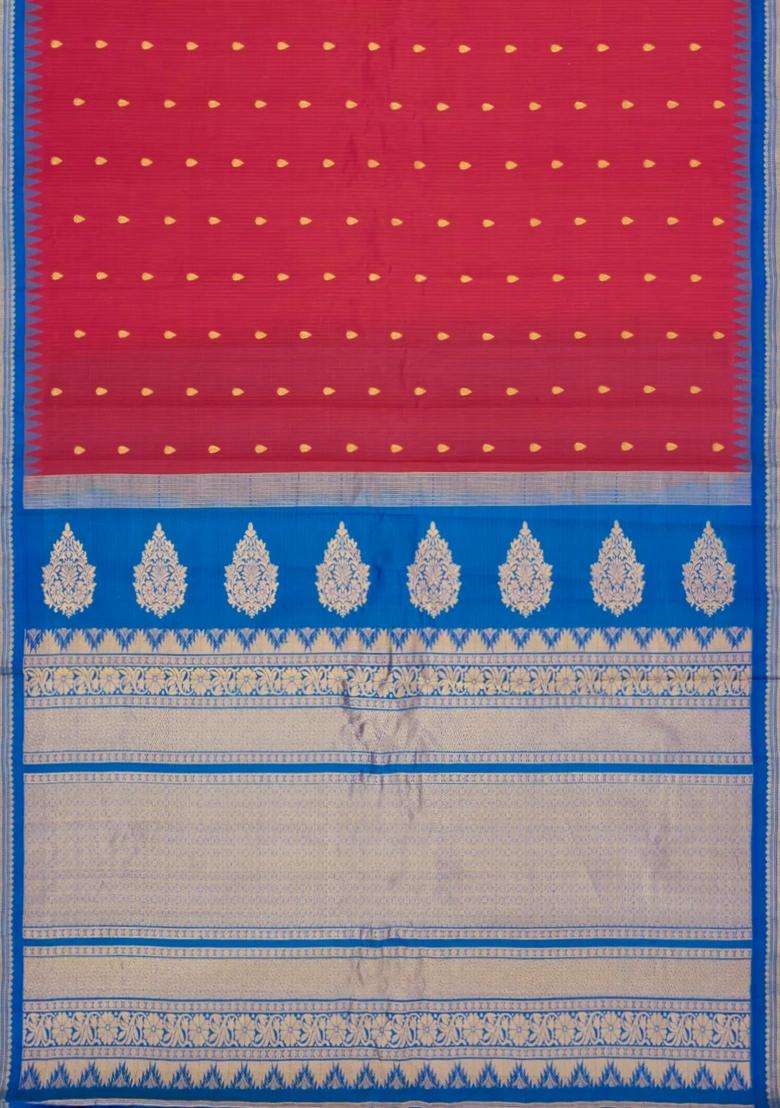 Crimson Handloom Gadwal Sico Saree With Cotton Body Silk Border With Buttas And Brocade Design For Women - Indya