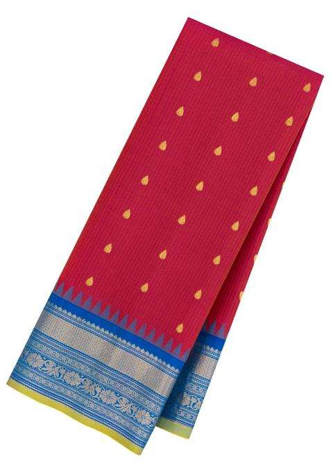 Crimson Handloom Gadwal Sico Saree With Cotton Body Silk Border With Buttas And Brocade Design For Women