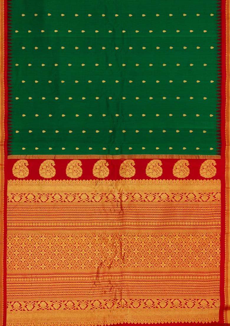 Green Handloom Gadwal Sico Saree With Cotton Body Silk Border With Buttas And Brocade Design For Women - Indya