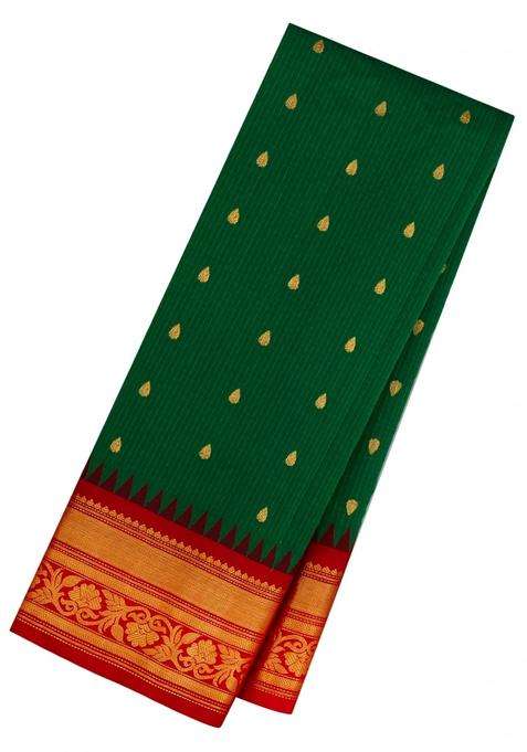 Green Handloom Gadwal Sico Saree With Cotton Body Silk Border With Buttas And Brocade Design For Women
