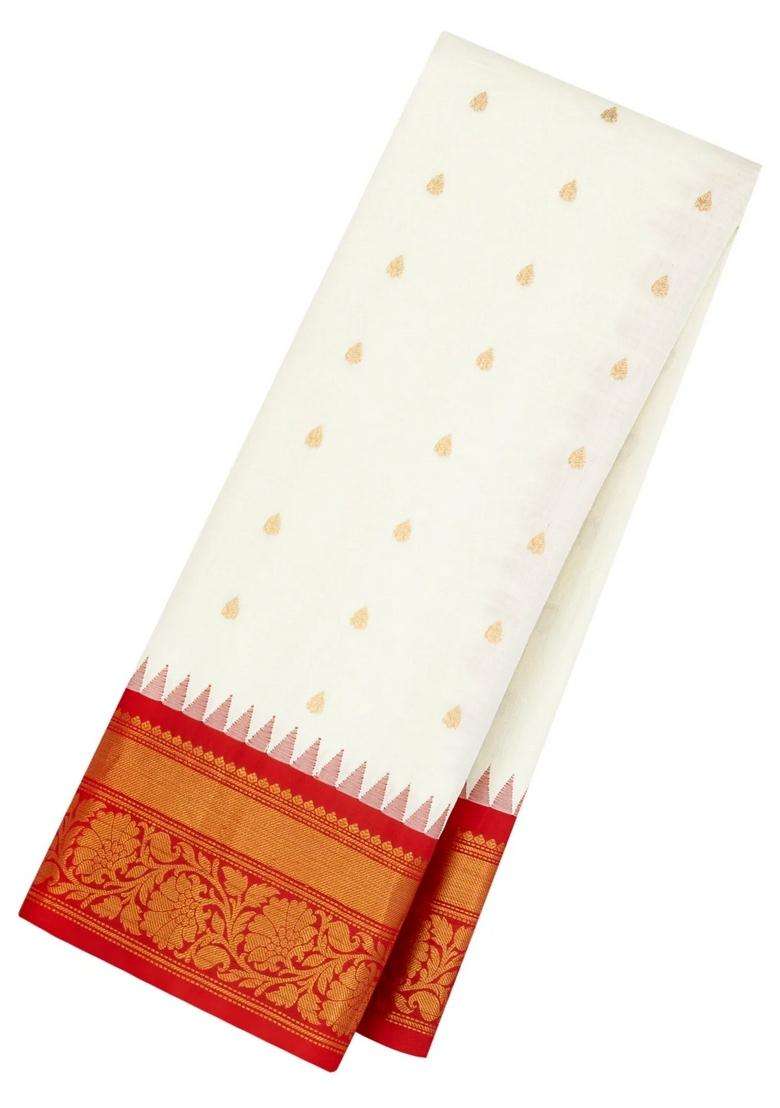 White Handloom Gadwal Sico Saree With Cotton Body Silk Border With Buttas And Brocade Design For Women - Indya