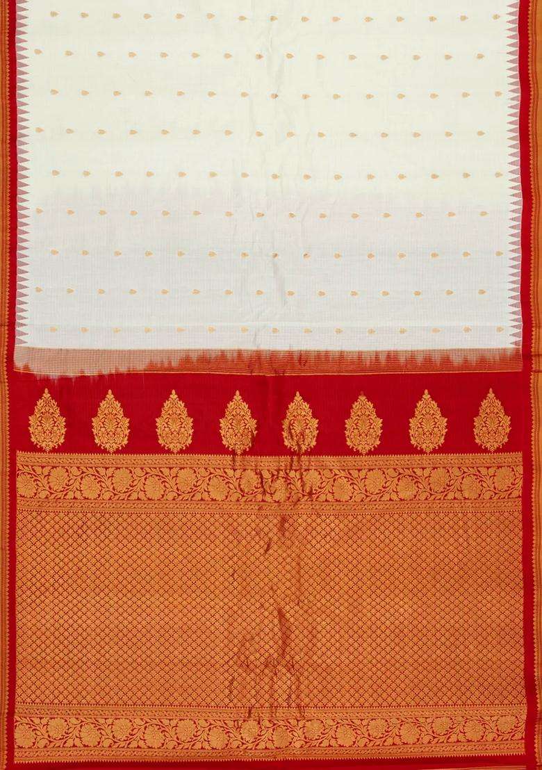 White Handloom Gadwal Sico Saree With Cotton Body Silk Border With Buttas And Brocade Design For Women - Indya
