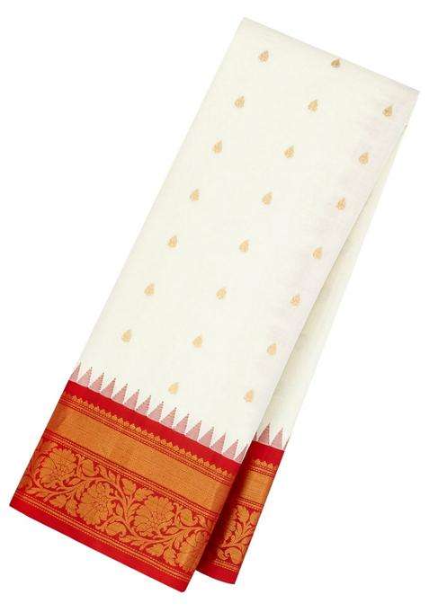 White Handloom Gadwal Sico Saree With Cotton Body Silk Border With Buttas And Brocade Design For Women