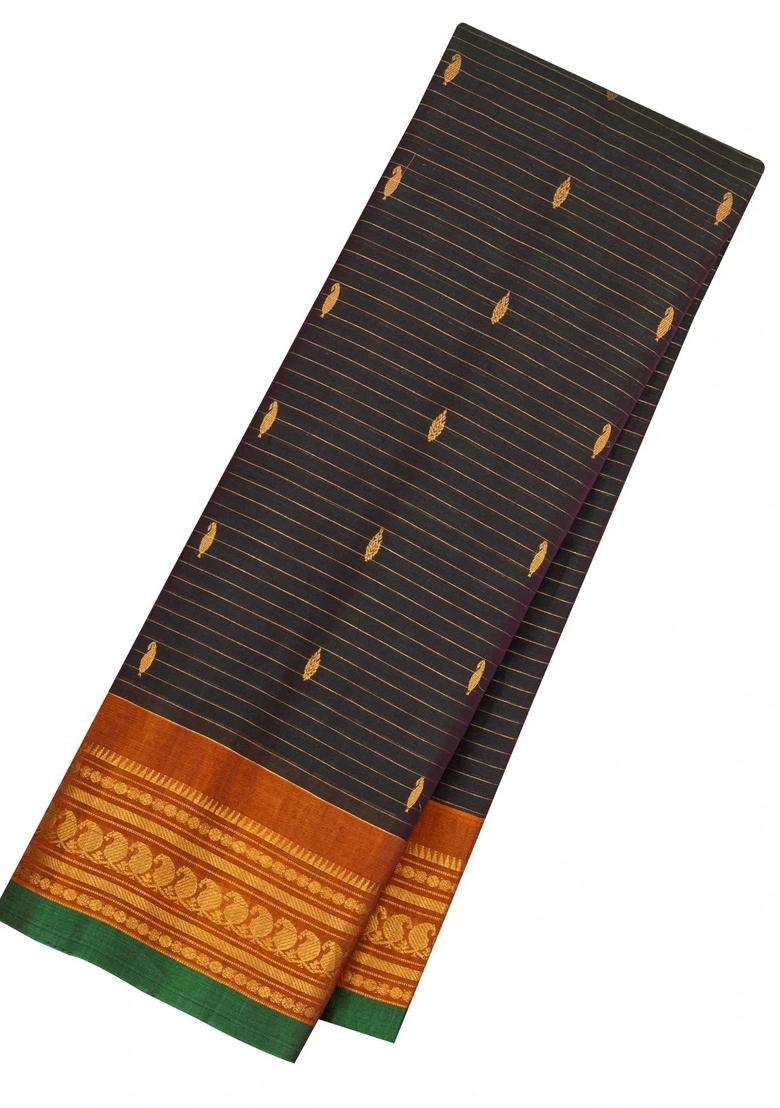 Black Handloom Gadwal Silk Cotton Saree With Stripes Buttas With Buttas And Brocade Design For Women - Indya