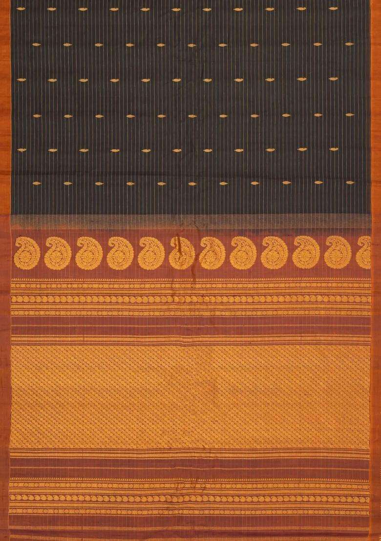 Black Handloom Gadwal Silk Cotton Saree With Stripes Buttas With Buttas And Brocade Design For Women - Indya