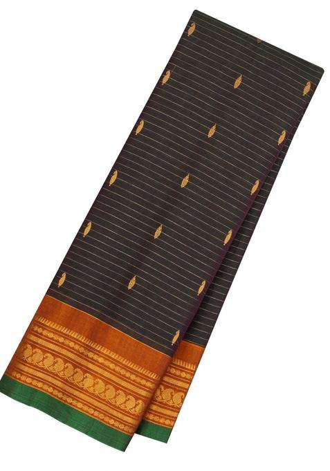 Black Handloom Gadwal Silk Cotton Saree With Stripes Buttas With Buttas And Brocade Design For Women