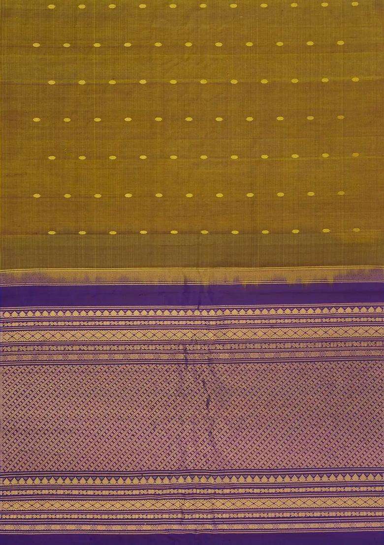 Dark Olive Handloom Gadwal Silk Cotton Saree With Buttas With Buttas And Brocade Design For Women - Indya