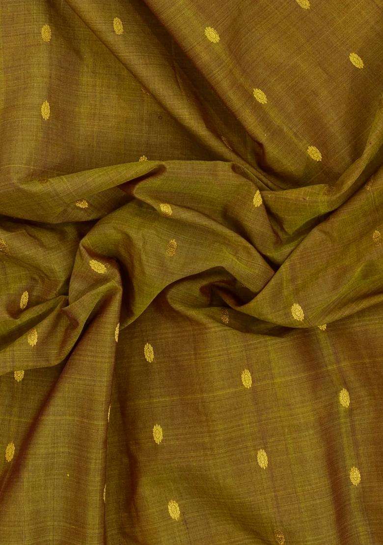 Dark Olive Handloom Gadwal Silk Cotton Saree With Buttas With Buttas And Brocade Design For Women - Indya