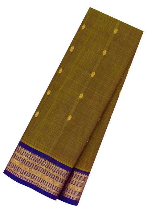 Dark Olive Handloom Gadwal Silk Cotton Saree With Buttas With Buttas And Brocade Design For Women